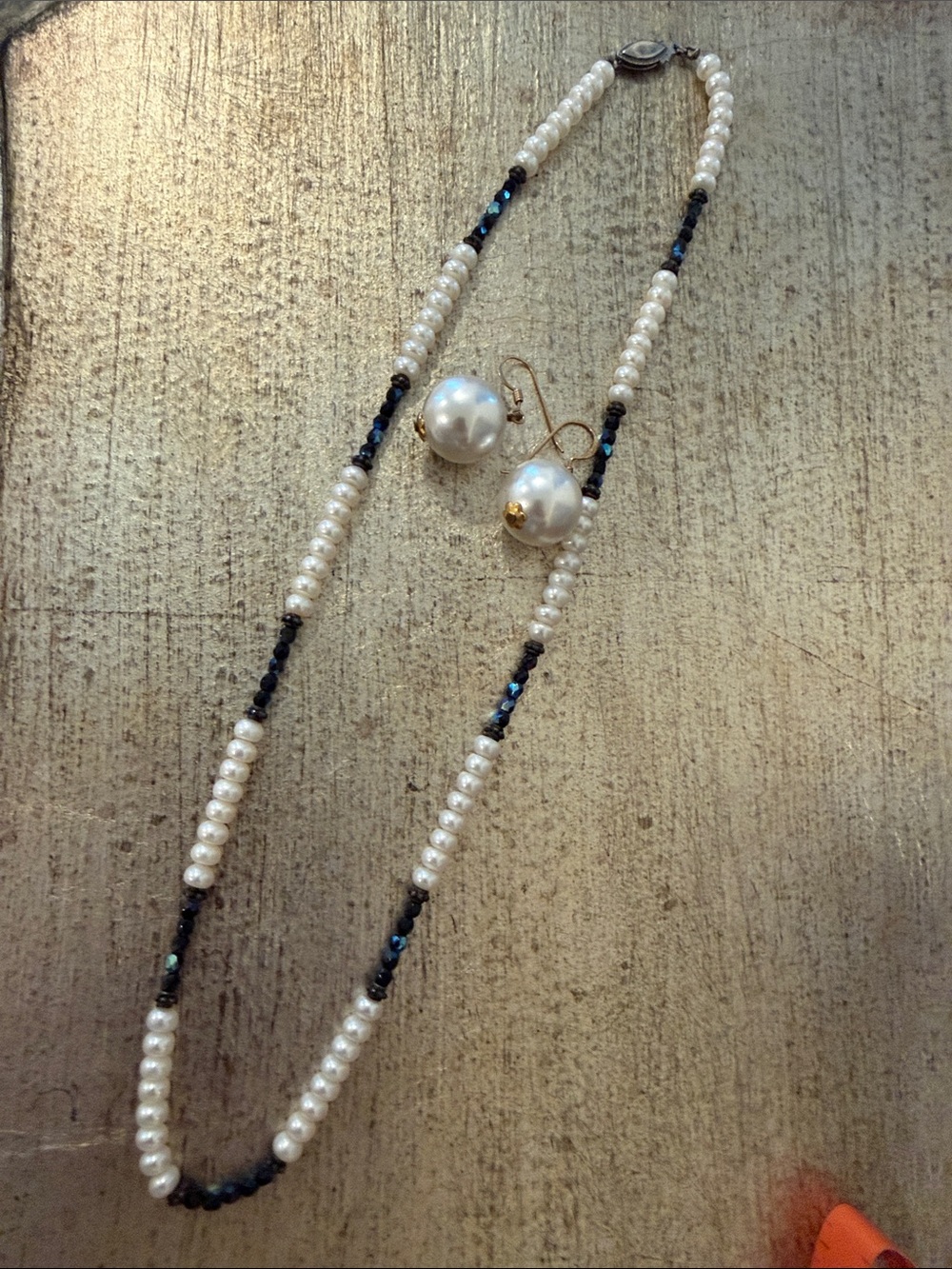 Pearl and Navy Bead Necklace with Faux Pearl Drop Earrings